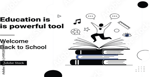 Back to School Education Poster with Student Jumping from Open Book Knowledge Concept for Learning Motivation Classroom and Academic Design