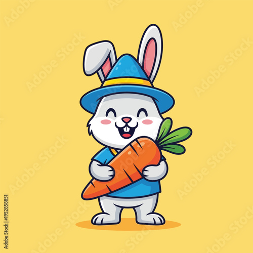 Cute cartoon bunny holding a big carrot wearing a blue hat.