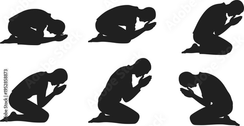 Silhouette of Muslim man praying in various kneeling positions, Islamic prayer sequence, spiritual devotion, worship posture set, Ramadan concept, faith and meditation illustration isolated