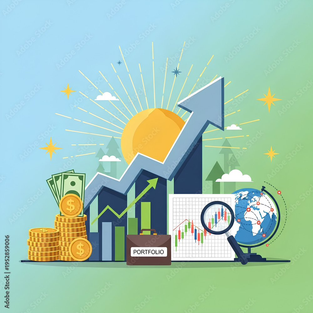 Naklejka premium Illustrative graphic depicting financial growth, investment portfolio, stock market analysis, and global economic trends with rising sun.