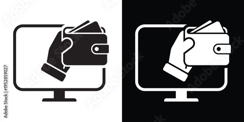 Vector icon of a hand holding a wallet full of cards coming out of a computer screen. Modern concept for e-commerce, online payments, digital banking, and internet shopping transactions.