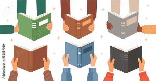 Hands Holding Open Books Illustration Set with Diverse Readers and Colorful Book Covers for Education Library Reading Campaign and Learning Designs