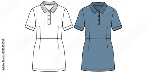 Polo dress fashion illustration, technical garment sketch design, apparel motif artwork, clothing construction symbol, stylish decorative motif, fashion artwork, vector drawing