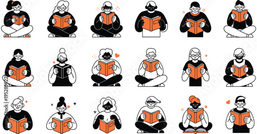 People Reading Books Icon Set with Diverse Readers Characters for Education Library Literacy Campaign and Learning Concept Illustration Design