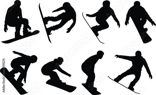 Snowboarder silhouettes performing tricks and jumps, winter sport action poses, freestyle snowboarding concept, dynamic extreme activity, isolated athlete illustration set