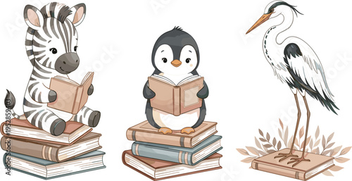 Cute Animal Reading Books Illustration Set with Zebra Penguin and Heron Characters Sitting on Book Stacks for Education and Children Design