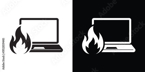Minimalist vector icon of a laptop with a flame or fire symbol. Represents trending topics, hot content, breaking news, viral media, or system overheating and hardware alerts.