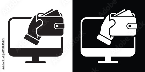 Vector icon of a hand holding a wallet full of cards coming out of a computer screen. Modern concept for e-commerce, online payments, digital banking, and internet shopping transactions.