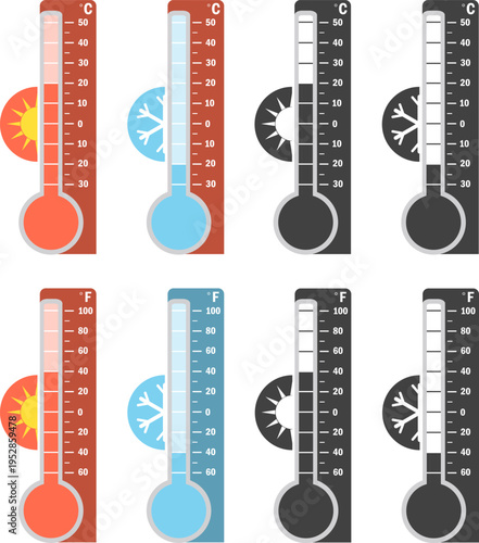 Outdoor and indoor thermometers set with celsius and fahrenheit scales for hot and cold weather.