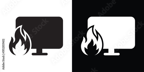 Minimalist vector icon of a computer monitor with a flame or fire symbol. Represents trending topics, hot content, breaking news, viral media, or system overheating and hardware alerts.