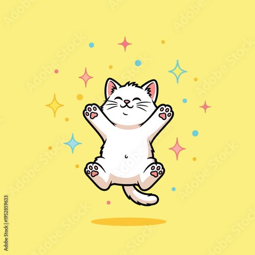 Cute happy white cat jumping with joy.