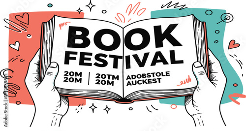 Book Festival Poster with Open Book in Hands Typography Layout for Literature Event Promotion Library Fair and Reading Celebration Design