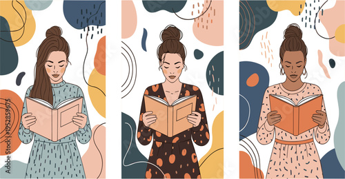 Women Reading Books Modern Flat Illustration Set with Diverse Female Readers for Education Literature Lifestyle Posters and Book Lover Designs
