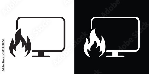 Minimalist vector icon of a computer monitor with a flame or fire symbol. Represents trending topics, hot content, breaking news, viral media, or system overheating and hardware alerts.