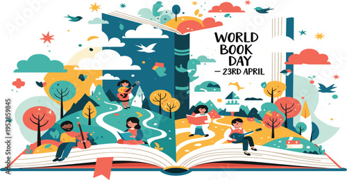 World Book Day Celebration Illustration with Open Book Landscape Children Reading and Learning for Education Poster Library Event and Literacy Campaign Design