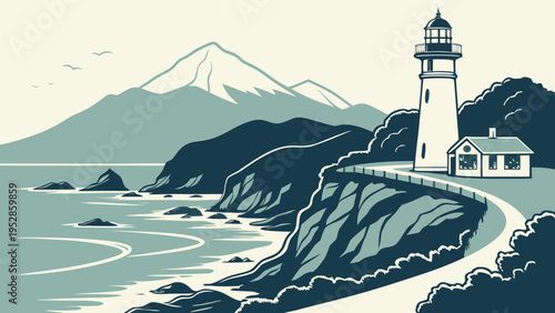 Serene coastal scene with a lighthouse standing tall on a rocky cliffside overlooking a tranquil ocean and majestic mountains in the background.