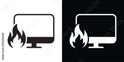 Minimalist vector icon of a computer monitor with a flame or fire symbol. Represents trending topics, hot content, breaking news, viral media, or system overheating and hardware alerts.