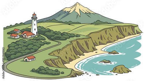 Scenic coastal landscape with a lighthouse and a mountain in the background