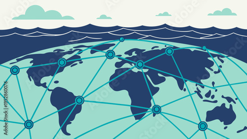 Global network connections map with lines linking cities around the world on a stylized earth