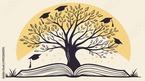 Graduation caps adorn tree growing from open book symbolizing educational growth