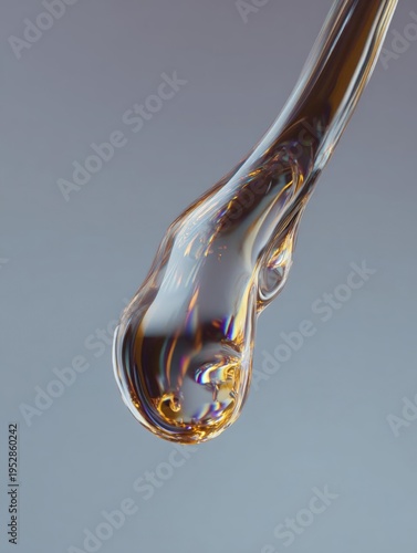 Close-up of a droplet of liquid. the droplet is in the shape of a drop and is made up of a thin, transparent glass tube. the liquid appears to be a golden-brown color and has a smooth, shiny surface.