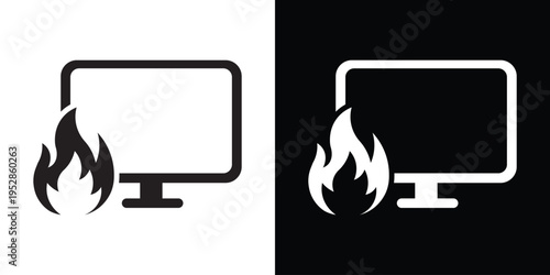 Minimalist vector icon of a computer monitor with a flame or fire symbol. Represents trending topics, hot content, breaking news, viral media, or system overheating and hardware alerts.