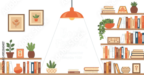 Cozy Home Library Interior with Bookshelves Plants and Reading Lamp Flat Vector Illustration for Book Festival Poster Education and Modern Workspace Design
