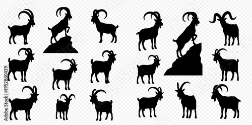 Collection of various goat silhouettes in different poses, including standing, walking, and on a rock, isolated on a transparent background.