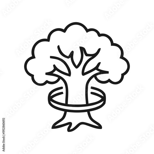 Tree protected by safety ring icon signifying forest stewardship and environmental guardianship for conservation awareness