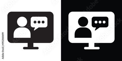 Vector flat icon of a person avatar with a speech bubble on a monitor. Modern symbol for online consulting, video chat, customer support, virtual assistant, and digital communication.