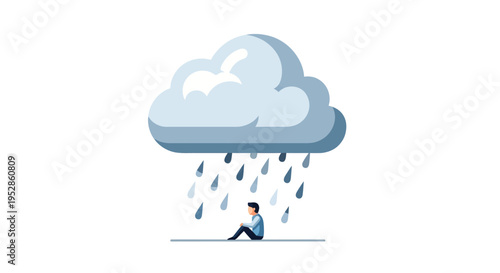 Sad Man Sitting Under Rain Cloud, Feeling Lonely and Depressed