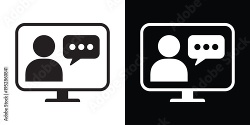 Vector flat icon of a person avatar with a speech bubble on a monitor. Modern symbol for online consulting, video chat, customer support, virtual assistant, and digital communication.