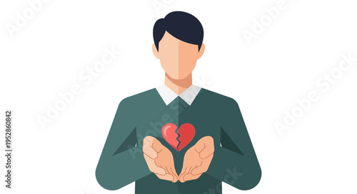 Man holding broken heart, symbolizing heartbreak, loss, and emotional pain