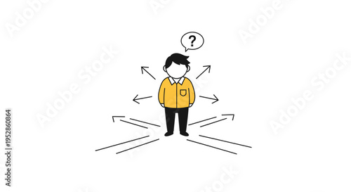 Man Standing at Crossroads, Question Mark, Multiple Directions, Decision Making