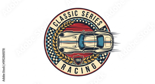 Classic Series Racing Emblem with Vintage Race Car Illustration.