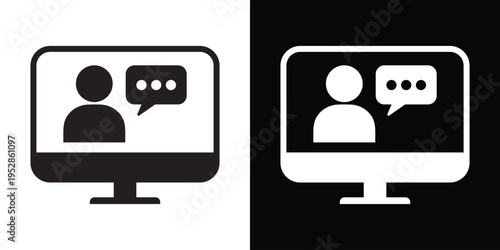 Vector flat icon of a person avatar with a speech bubble on a monitor. Modern symbol for online consulting, video chat, customer support, virtual assistant, and digital communication.