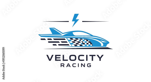 Velocity Racing Logo - Electric Car with Checkered Design and Speed Lines.