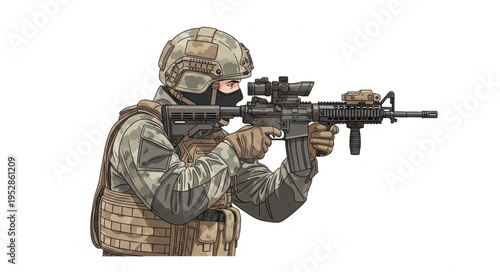 Soldier in camouflage aiming rifle with focused intensity.