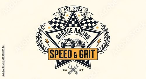Vintage Garage Racing Emblem with Classic Car and Checkered Flags.