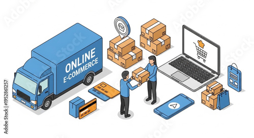 Isometric Online Commerce and Delivery Illustration with Truck, Boxes, and Laptop.