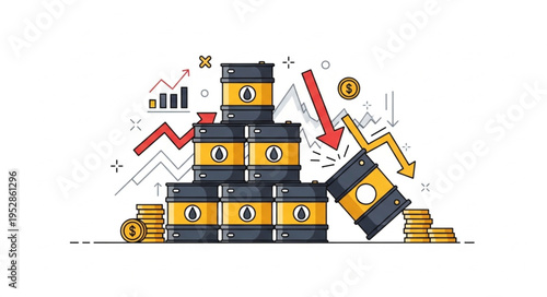Oil Price Drop - Stacked Barrels with Falling Arrow and Coins.