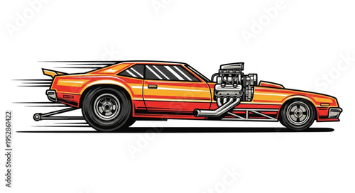 Vintage Orange Drag Racing Car with Supercharger Illustration.