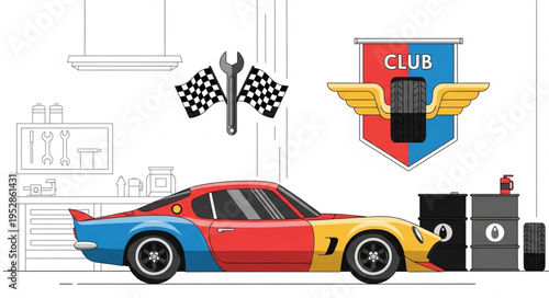 Colorful Racing Car with Checkered Flags and Club Emblem.