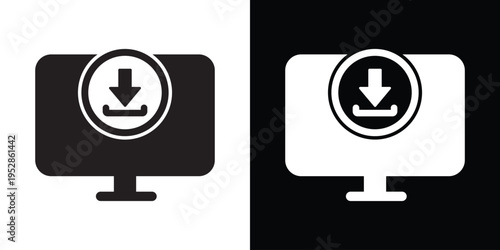 Laptop computer with a circular download arrow symbol on the screen. Minimalist vector icon representing software updates, digital file transfer, and data installation. High-quality flat design.