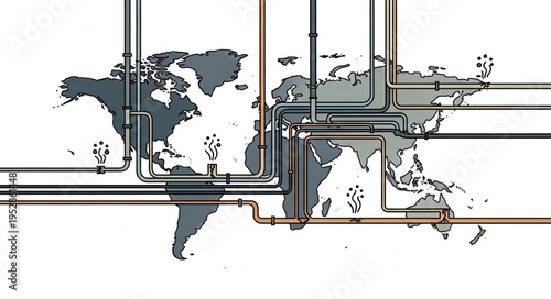 Global Interconnectivity - A World Map with Interlinking Pipes.