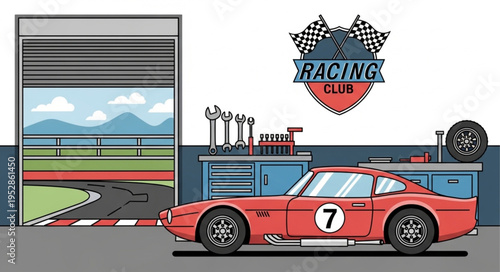 Vintage Red Racing Car in Garage with Racing Club Emblem.