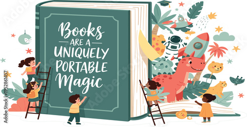 Magical Book Adventure Illustration with Kids Exploring Giant Story Book Fantasy Creatures and Imagination for Children Reading Education and Library Design