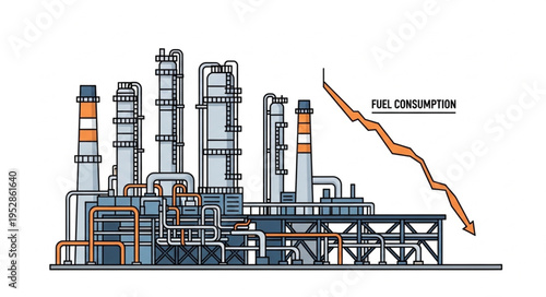 Illustration of an industrial plant with a declining fuel consumption graph.