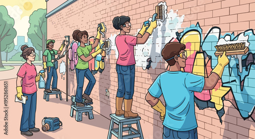 Community members cleaning graffiti from a brick wall.