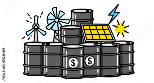 Energy Transition - Oil Barrels, Wind Turbines, and Solar Panel Illustration.